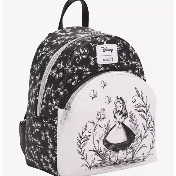 Loungefly Disney Alice In Wonderland Mini Backpack Black And White Floral Bag - Picture 2 of 4